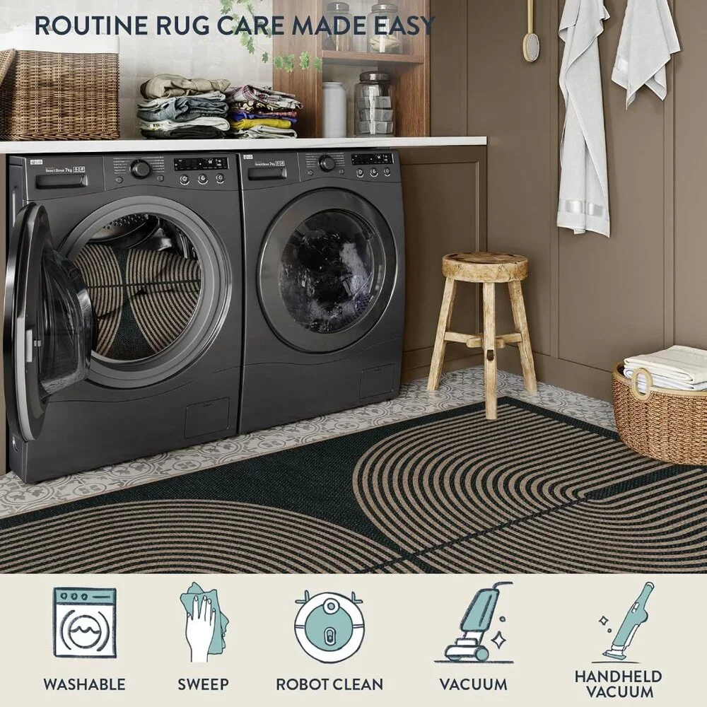 New Modern Rainbow Easy Jute Outdoor Patio Rug, 3x5 Black Washable Rugs